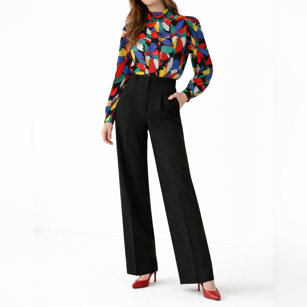 VINTAGE MICHELE STUART Abstract Print Pleat Front Blouse | S | 80s Maximalism